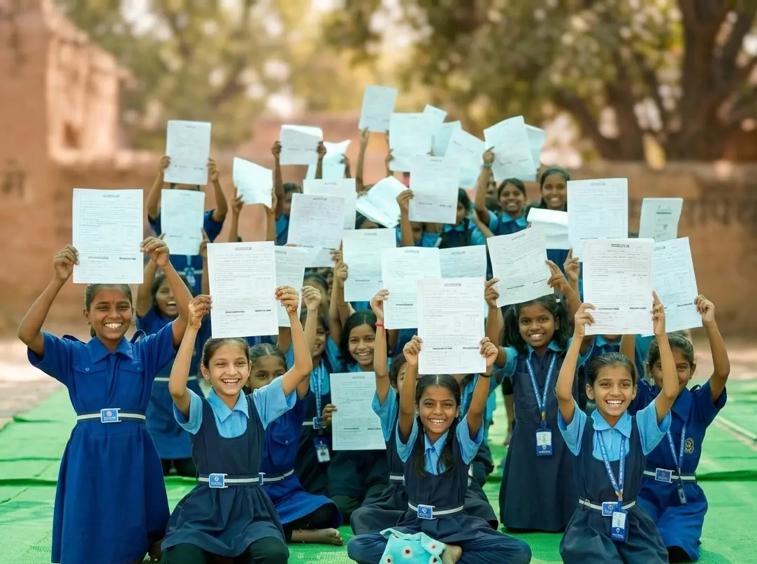 Schoolgirls raising their completed documents together
